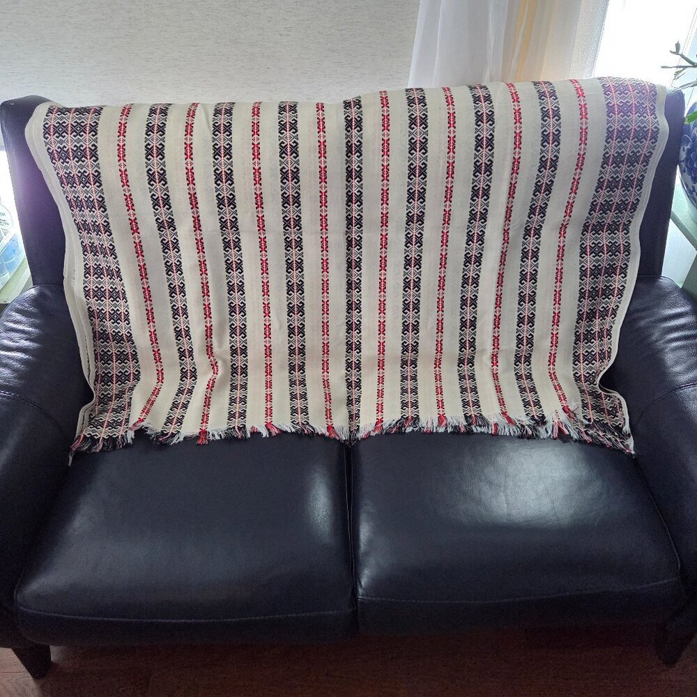 Vintage Hand Woven Red Black Tablecloth